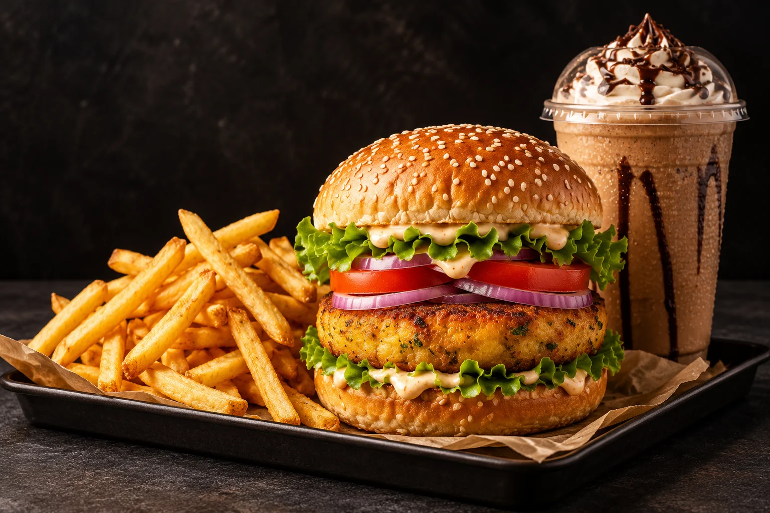 Illustrative jumbo vegetarian burger, crispy fries and a chilled coffee